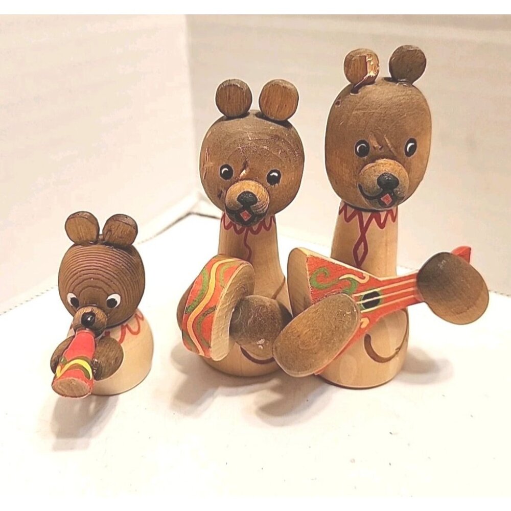 Vintage Russian USSR Folk Art Carved Wood Bears Musicians Figurines Set of 3